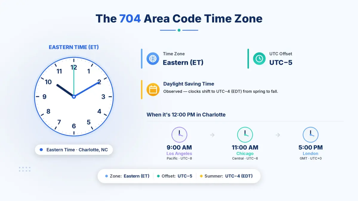 704 area code time zone — Eastern Time Zone (EST/EDT) covering Charlotte, North Carolina