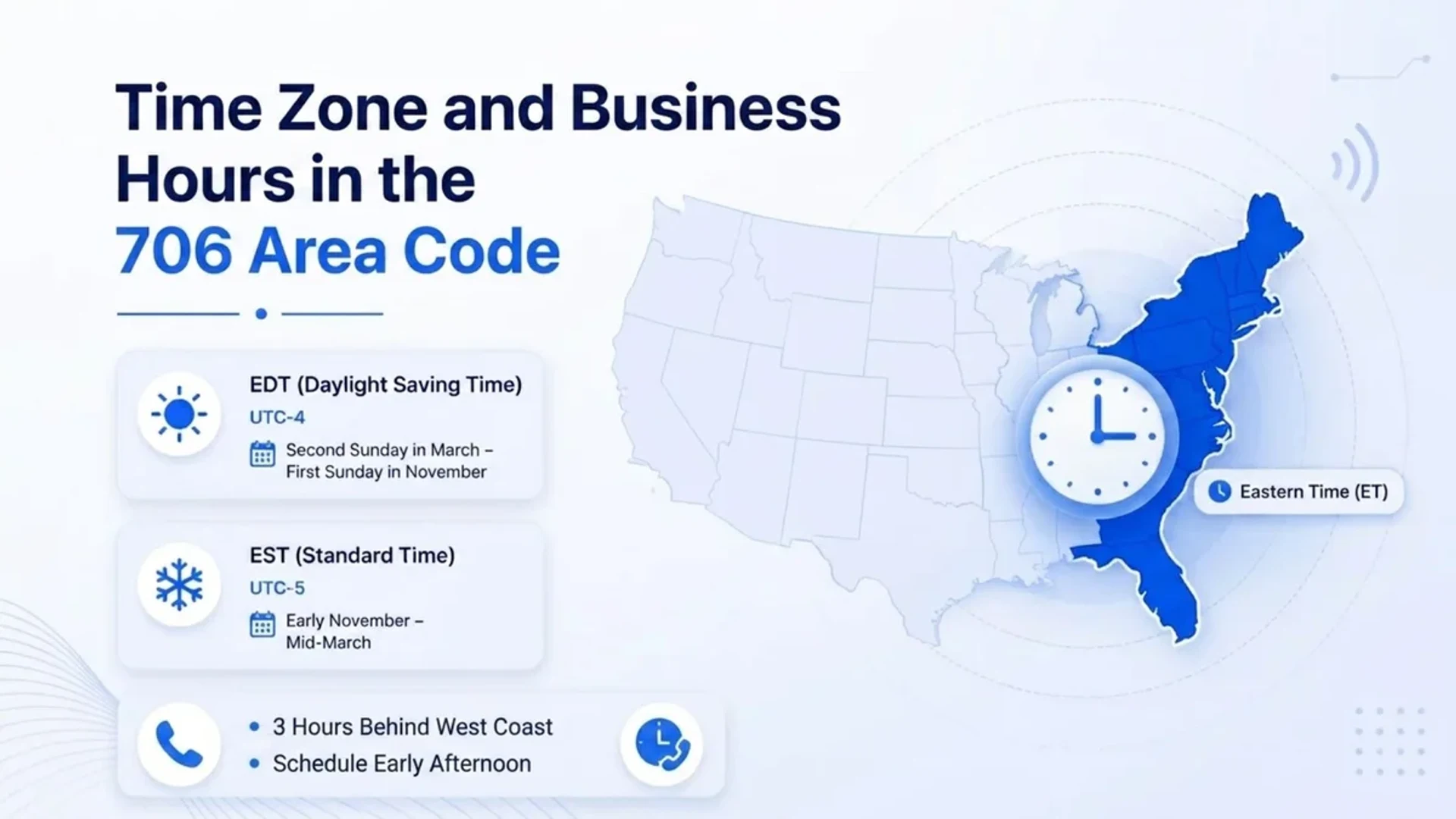 Time zone and business hours in the 706 area code — Eastern Time (EST and EDT)
