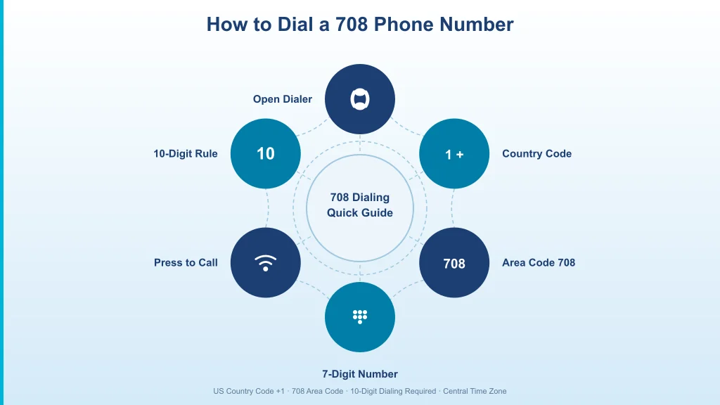 How to dial a 708 phone number — 6-step circular guide: Open Dialer, Country Code, Area Code 708, 7-Digit Number, Press to Call, 10-Digit Rule