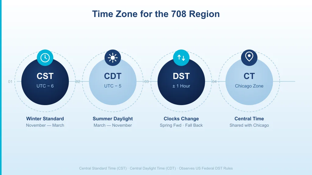 Time zone breakdown for the 708 area code region — CST, CDT, DST, and Central Time