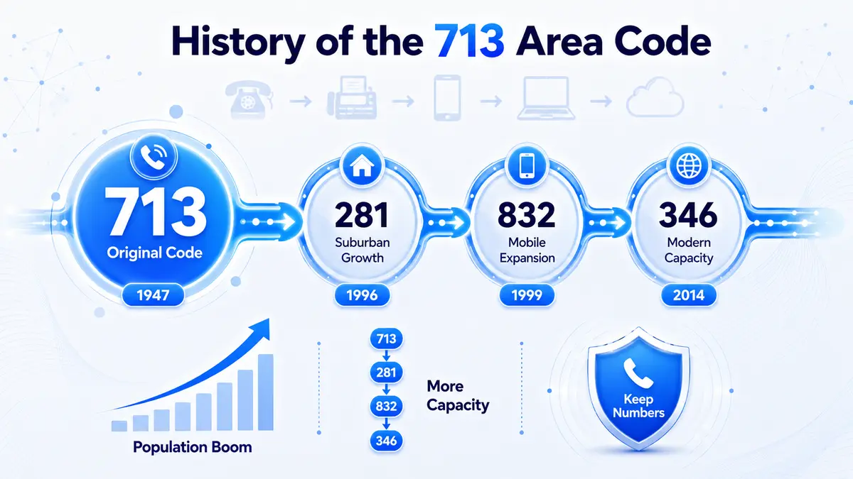 History of the 713 area code — from Texas's original 1947 NANPA assignment through Houston's growth-driven splits, the 281 suburban division, and the 832 and 346 overlays