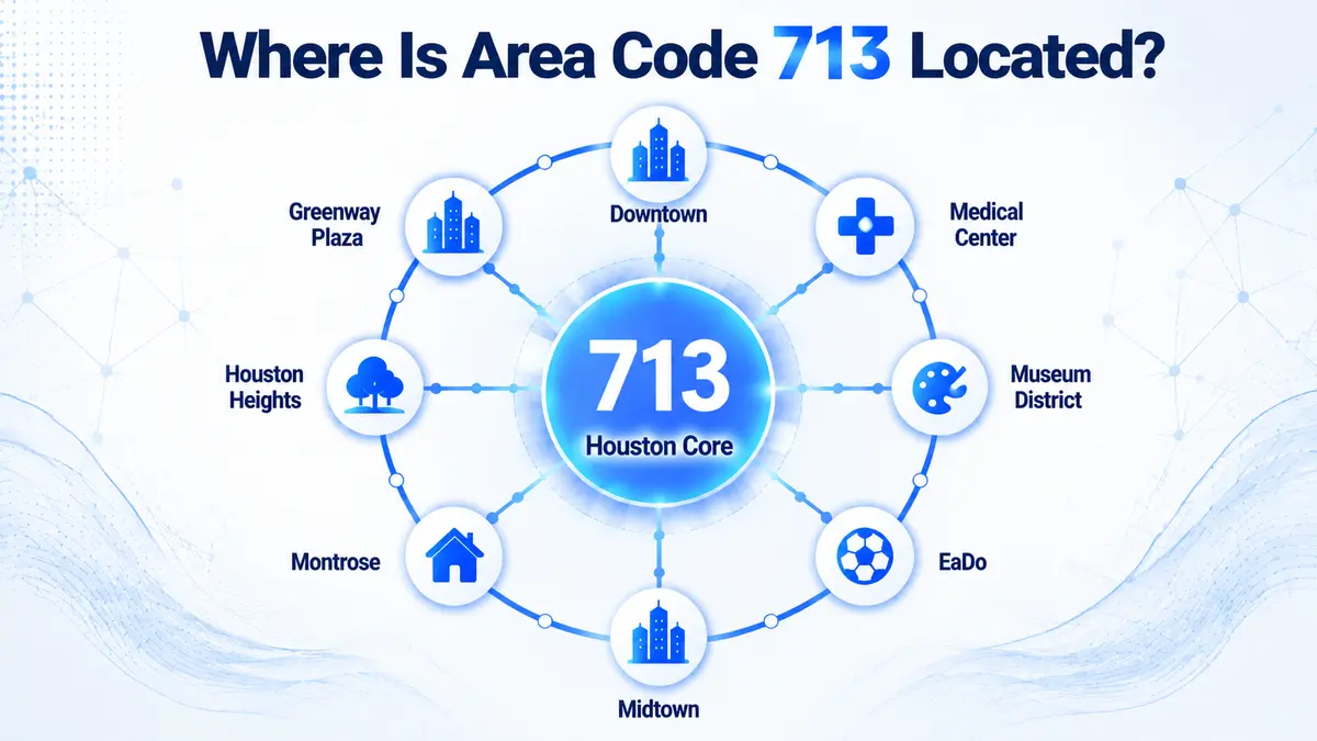 713 area code location map — inner Houston Texas coverage inside and near Loop 610, including Downtown, Midtown, Montrose, Heights, Museum District, EaDo, and the Texas Medical Center corridor in Harris County