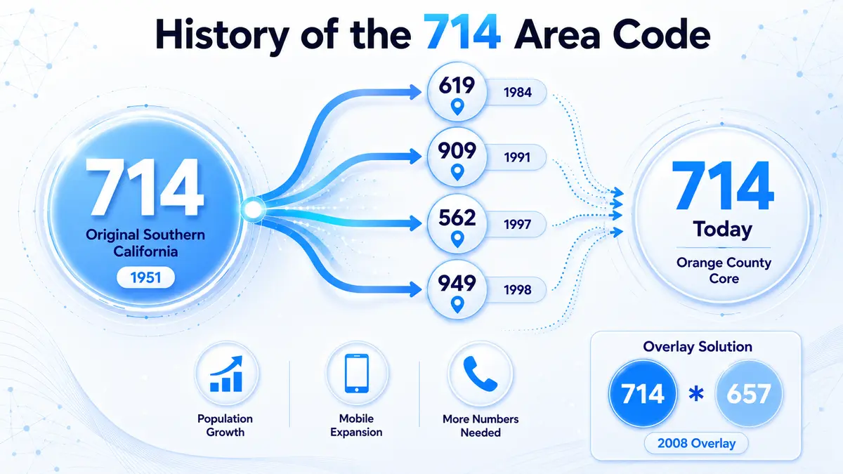 History of the 714 area code — from Southern California's original 1951 NANPA assignment through the 619, 909, 562, and 949 splits and the 2008 introduction of the 657 overlay