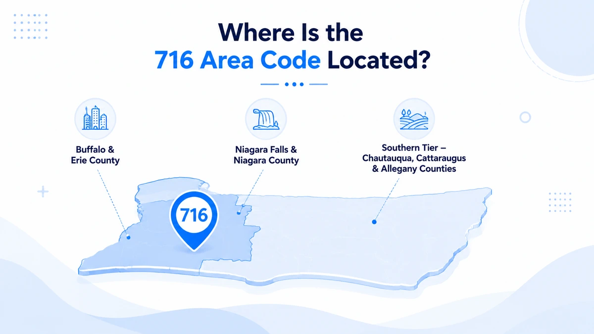 Where is the 716 area code located — map showing Buffalo and Erie County, Niagara Falls and Niagara County, and the Southern Tier counties of Chautauqua, Cattaraugus, and Allegany