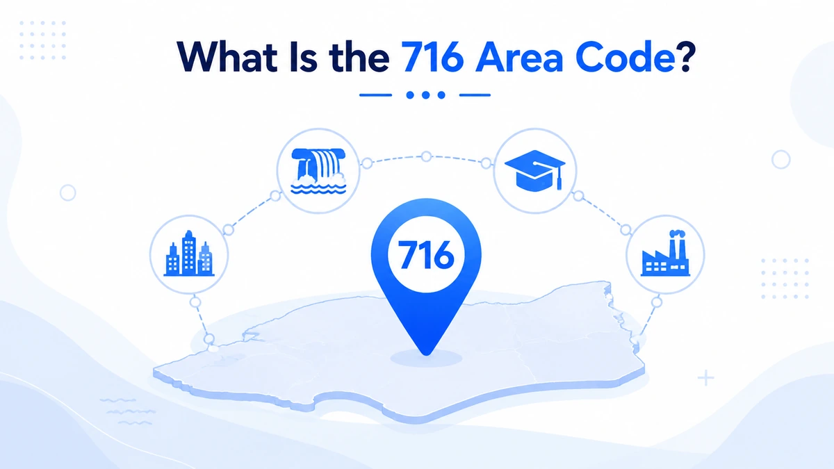 What is the 716 area code — Western New York map with 716 pin highlighting Niagara Falls, higher education, urban Buffalo, and industrial heritage