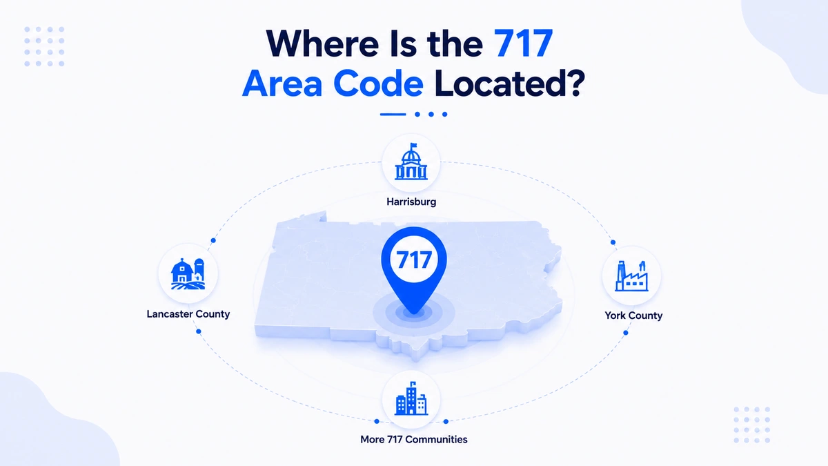 Where is the 717 area code located — Pennsylvania map showing Harrisburg, Lancaster County, York County, and more 717 communities across south-central Pennsylvania