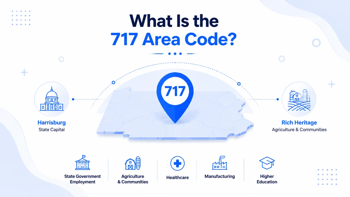What is the 717 area code — Pennsylvania map with 717 pin showing Harrisburg state capital, rich heritage agriculture, and key industries: state government, healthcare, manufacturing, and higher education