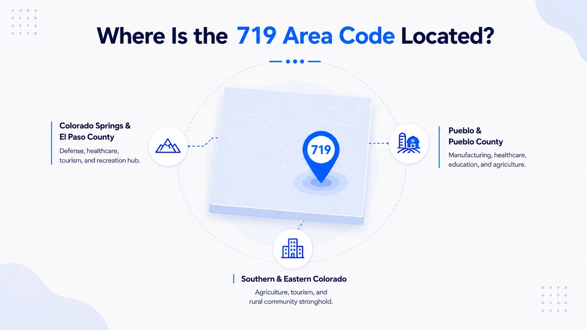 Where is the 719 area code located — map showing Colorado Springs and El Paso County, Pueblo and Pueblo County, and southern and eastern Colorado communities