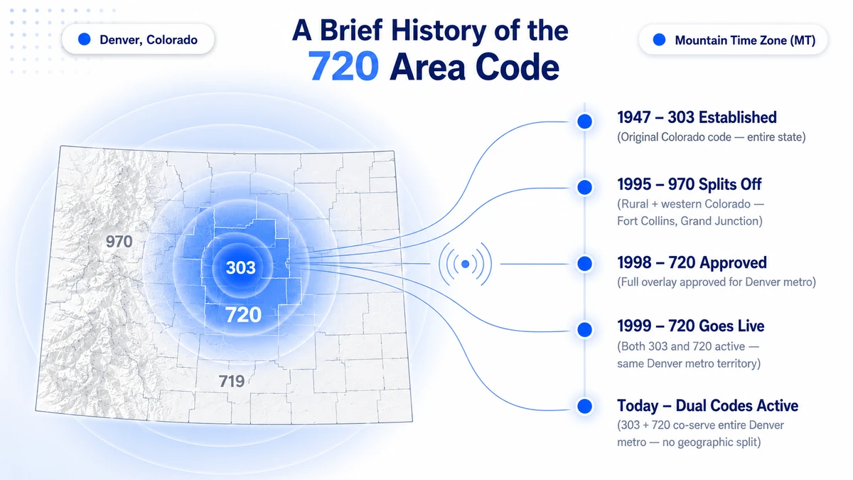 Timeline showing the history of the 720 area code from 1947 when 303 was assigned to all of Colorado, through the 1995 970 split for rural Colorado, to the 1998/1999 creation of 720 as an overlay of 303 for the Denver metro