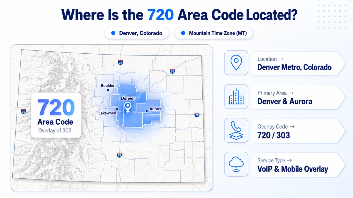 720 area code coverage map showing Denver, Aurora, Boulder, Lakewood, Westminster, Thornton, Centennial, Broomfield, and the broader Denver Metropolitan Area in Colorado