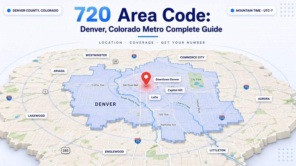 720 area code — Denver Colorado metro coverage map showing Denver, Aurora, Boulder, Lakewood, Westminster and the Front Range