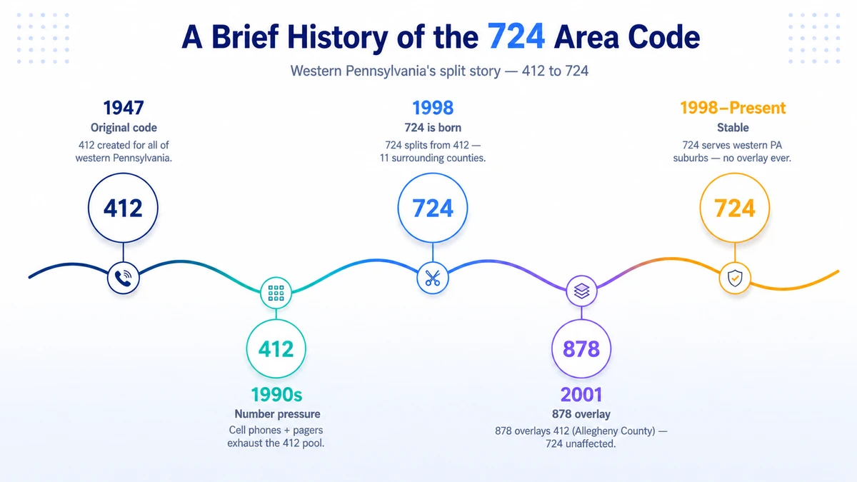 Timeline showing the history of the 724 area code — from the 1947 creation of 412 for all western Pennsylvania through the 1998 split that created 724 for Pittsburgh's suburbs and the 2001 addition of 878 as 412 overlay