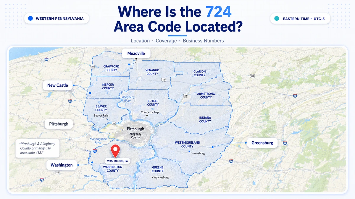 724 area code coverage map showing western Pennsylvania counties including Lawrence, Beaver, Butler, Westmoreland, Washington, Fayette, Crawford, Mercer, Venango, Indiana, Armstrong, and Greene