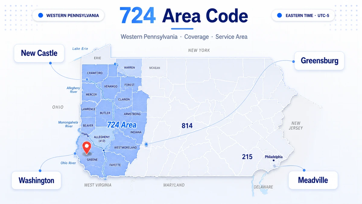 724 area code — western Pennsylvania coverage map showing New Castle, Butler, Greensburg, Washington, Canonsburg, Uniontown, and Pittsburgh suburbs
