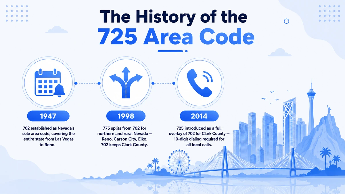 Timeline showing the history of the 725 area code from 702 assigned to all Nevada in 1947 through the 775 split for northern Nevada in 1998 and the 725 overlay introduction in 2014 for Clark County