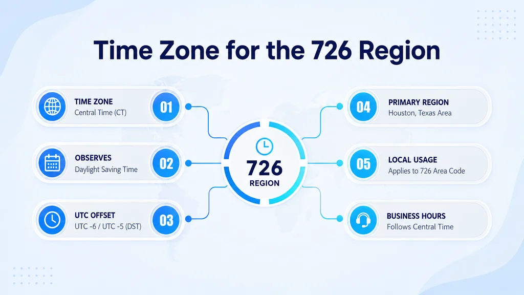 Time zone for the 726 area code region — Central Standard Time and Central Daylight Time