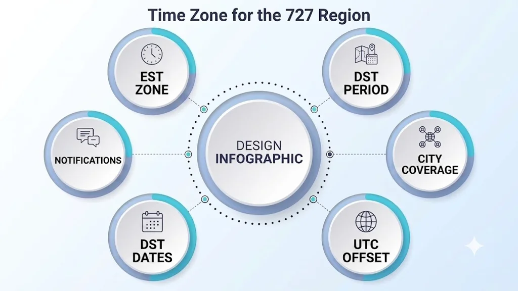 Time zone for the 727 area code region — Eastern Standard Time and Eastern Daylight Time