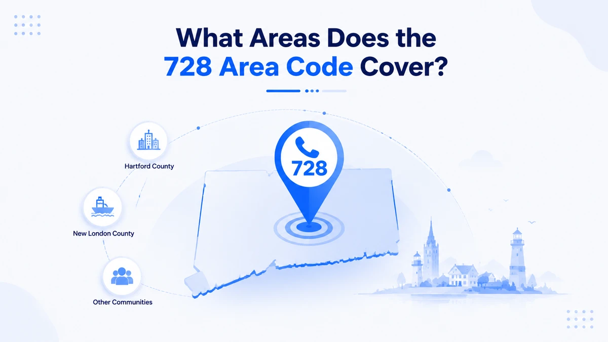 What areas does the 728 area code cover — Connecticut map with 728 pin showing Hartford County, New London County, and other communities including lighthouse coastal scenery