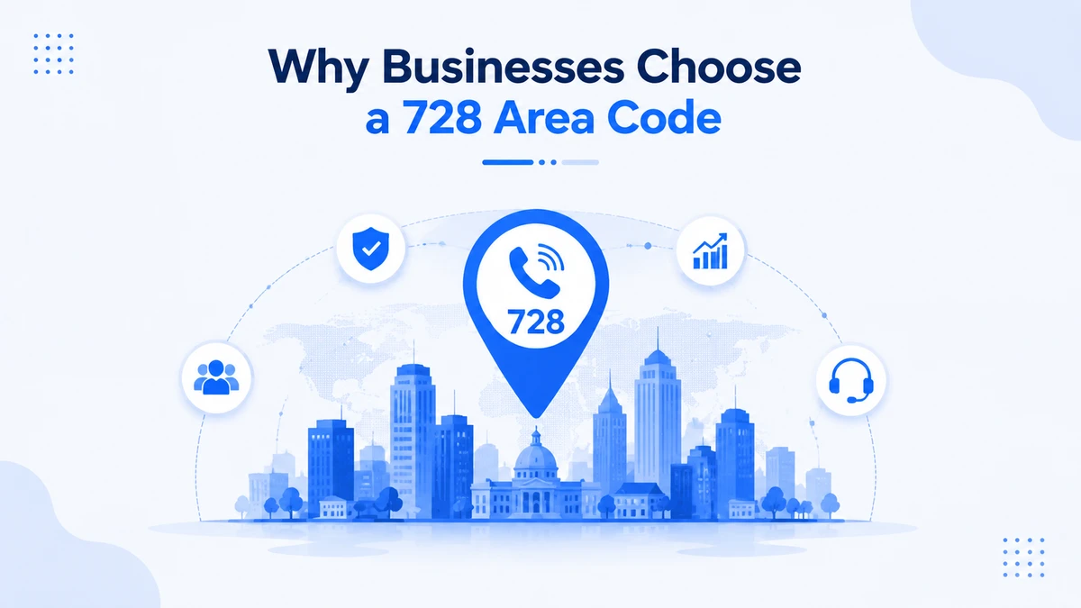 Why businesses choose a 728 area code — Connecticut city skyline with 728 pin showing local trust, business growth, team credibility, and customer support icons