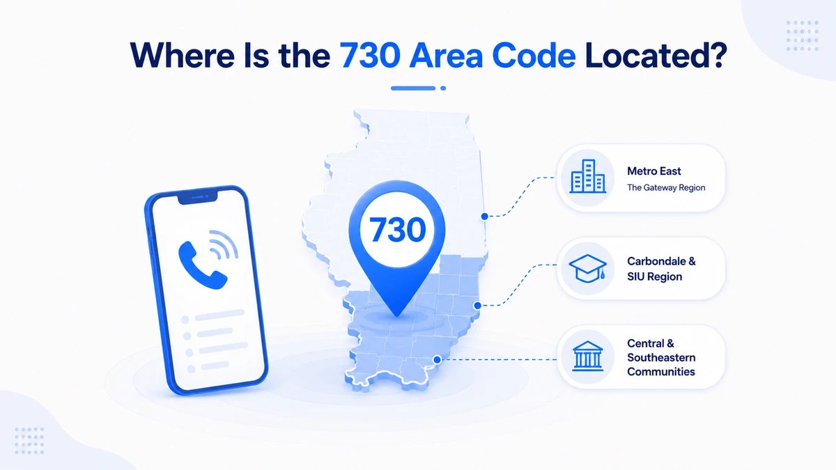 Where is the 730 area code located — southern Illinois map with 730 pin showing Metro East Gateway Region, Carbondale and SIU Region, and Central and Southeastern Communities