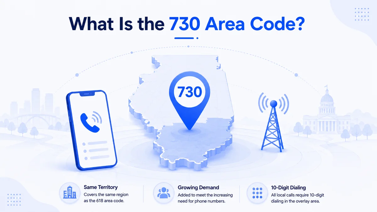 What is the 730 area code — southern Illinois map with 730 pin showing same territory as 618, growing demand for phone numbers, and mandatory 10-digit dialing in the overlay region