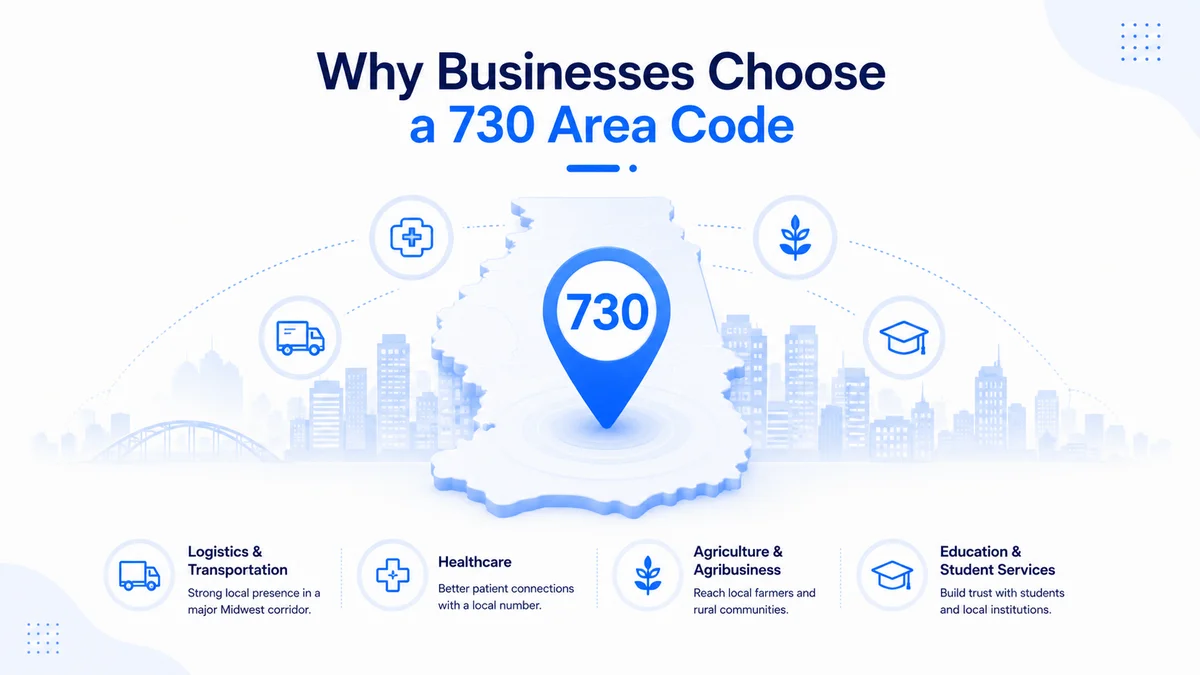 Why businesses choose a 730 area code — southern Illinois city skyline with 730 pin and icons for logistics and transportation, healthcare, agriculture and agribusiness, education and student services