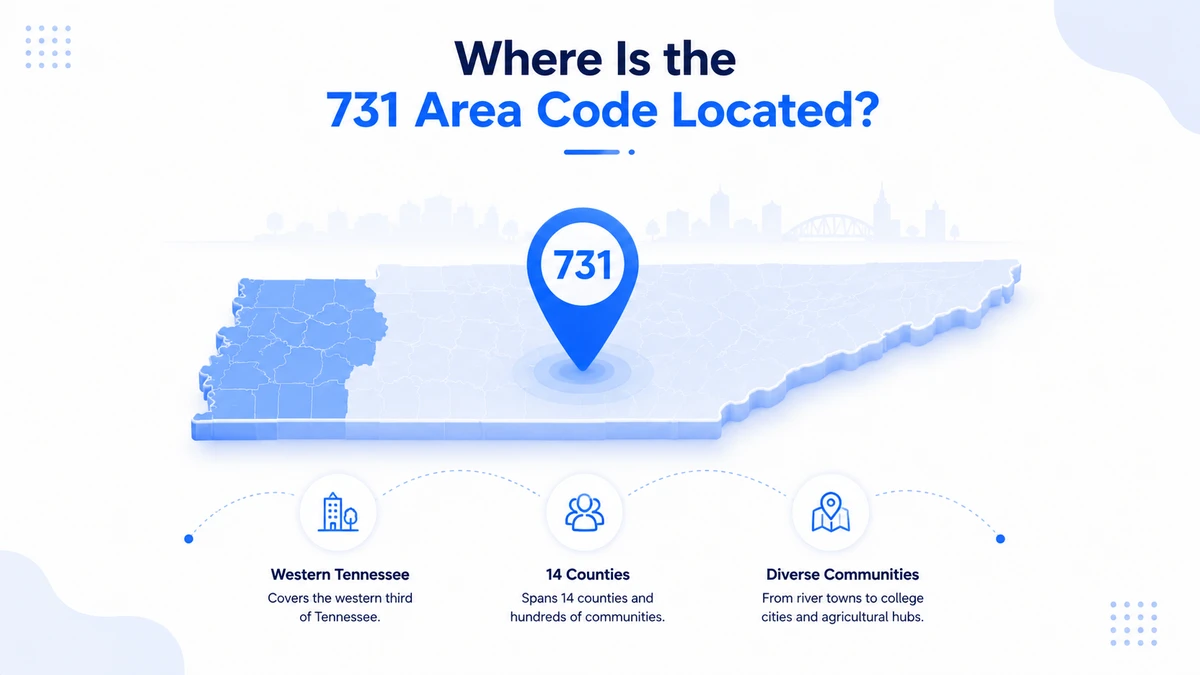 Where is the 731 area code located — Tennessee map highlighting western third with 731 pin, showing western Tennessee coverage across 14 counties with diverse communities from river towns to college cities and agricultural hubs