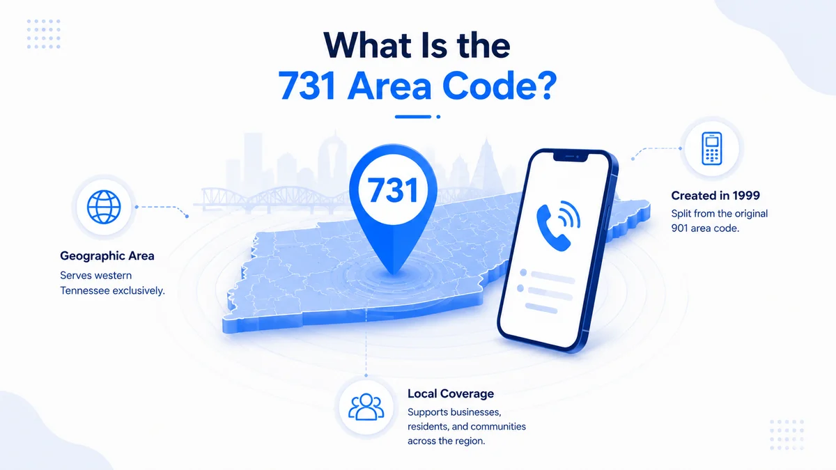 What is the 731 area code — western Tennessee map with 731 pin showing geographic area serving western Tennessee exclusively, created in 1999 split from 901, and local coverage for businesses and residents