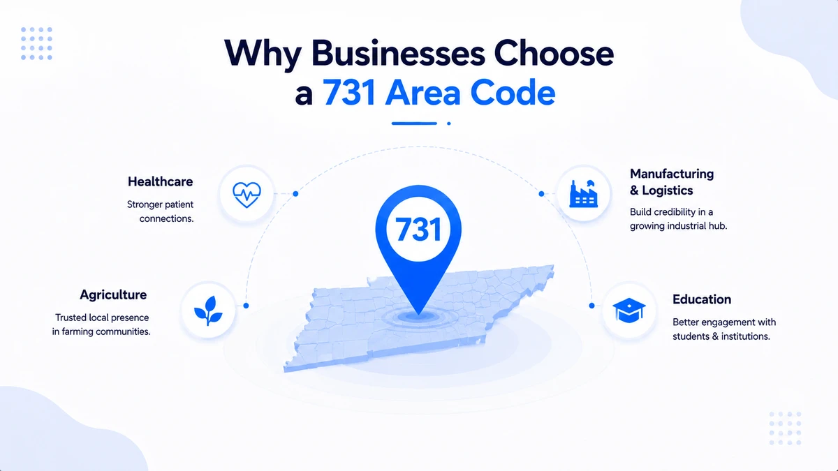 Why businesses choose a 731 area code — western Tennessee map with 731 pin and icons for healthcare stronger patient connections, manufacturing and logistics industrial hub, agriculture trusted local presence, and education better student engagement