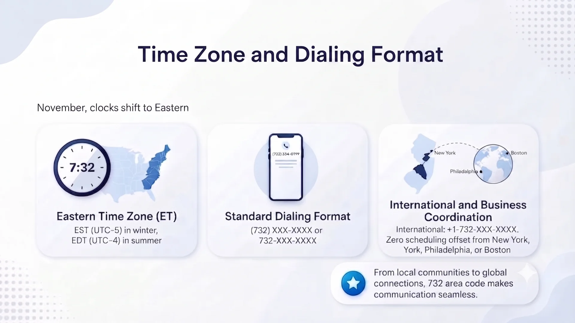 Time zone and dialing format for the 732 area code — Eastern Time and 10-digit dialing