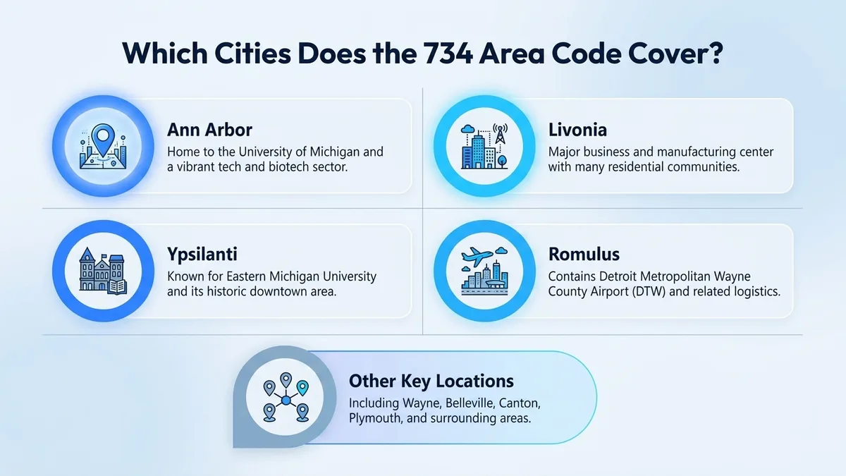 Cities and communities covered by the 734 area code across Washtenaw and western Wayne counties