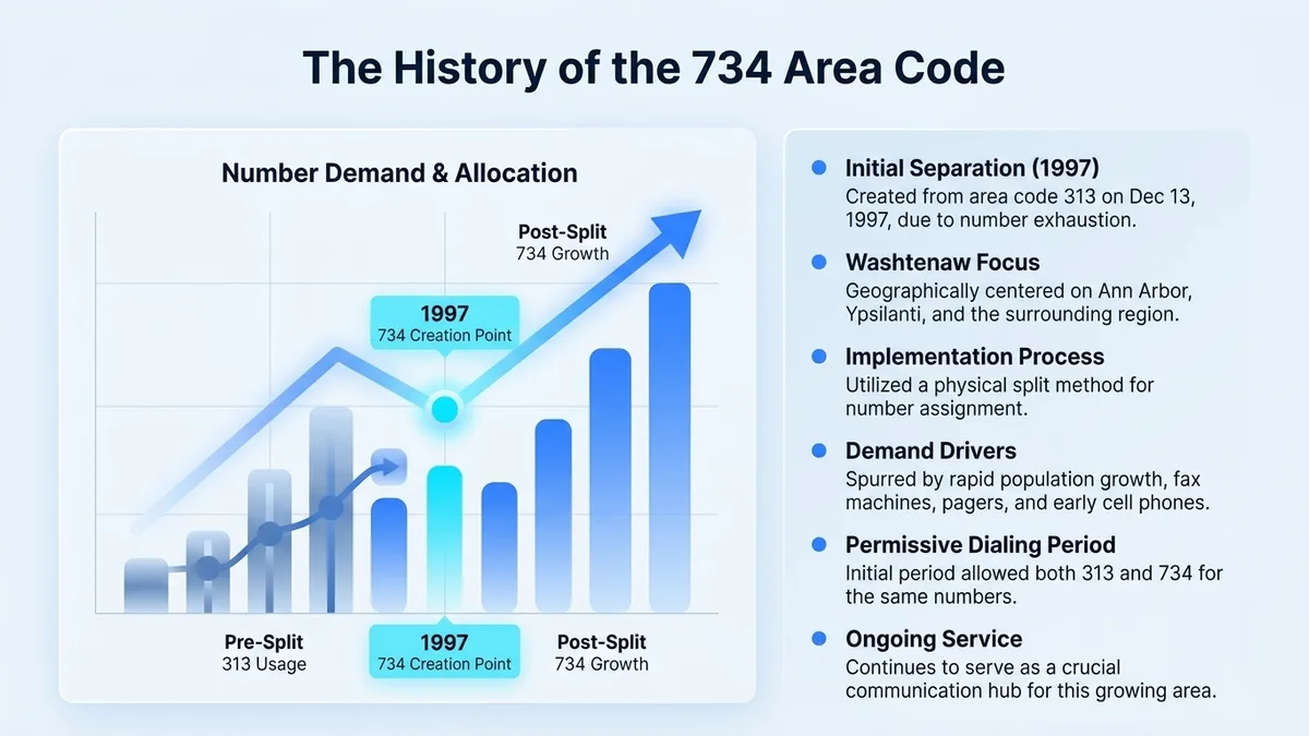 History of the 734 area code — from the 1997 split off Detroit's 313 prefix to today's Ann Arbor coverage