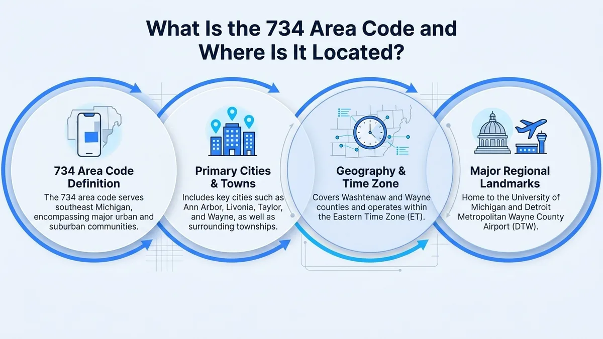 What is the 734 area code and where is it located — primary cities, geography, time zone, and major regional landmarks