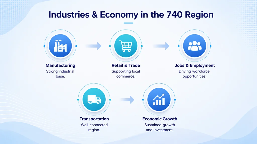 Industries and economy in the 740 area code region — manufacturing, energy, education and logistics