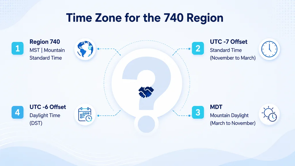 Time zone for the 740 area code region — Eastern Standard Time and Eastern Daylight Time