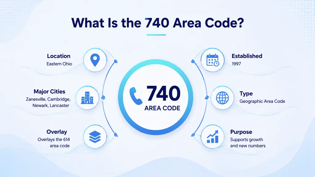 What is the 740 area code — southeastern and central Ohio wrapping around Columbus