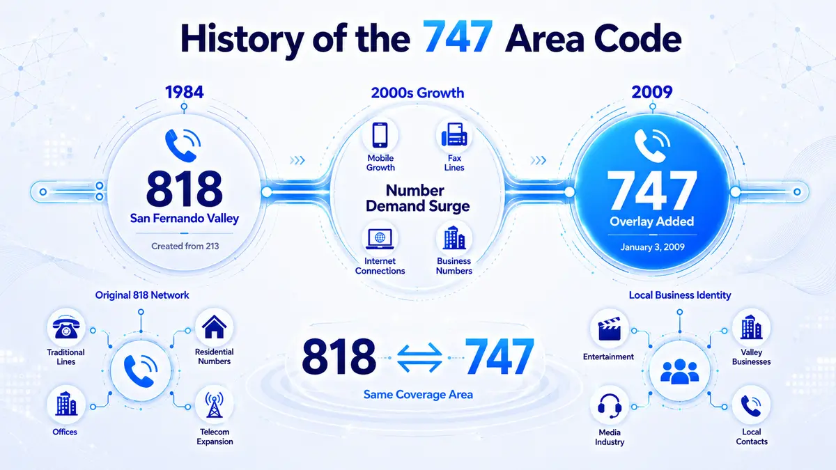 History of the 747 area code — from the 1984 creation of 818 for the San Fernando Valley through the 2009 introduction of 747 as an overlay to meet growing demand in Los Angeles