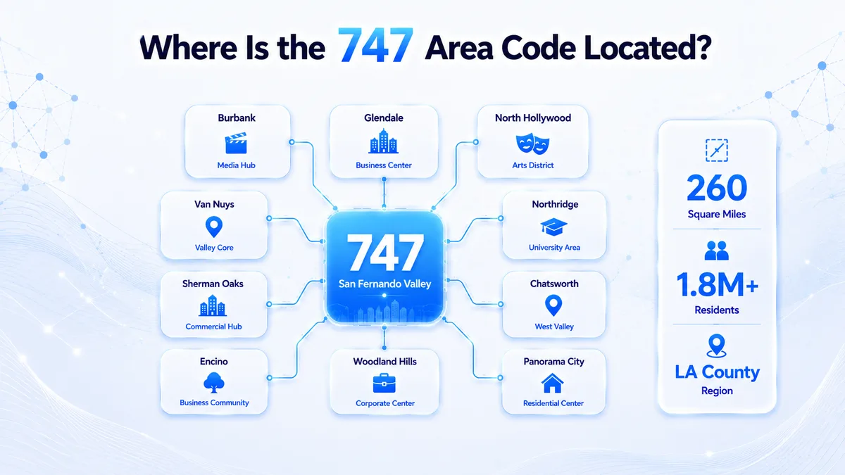 747 area code location map — San Fernando Valley Los Angeles California coverage including Burbank, Glendale, North Hollywood, Van Nuys, Studio City, Sherman Oaks, Encino, and Woodland Hills alongside the 818 overlay