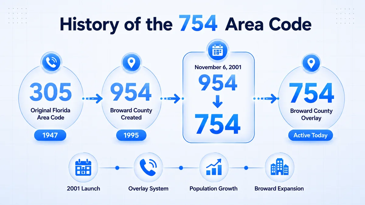 History of the 754 area code — from Florida's original 305 area code in 1947 through the 1995 creation of 954 for Broward County and the 2001 introduction of 754 as an overlay to meet surging demand