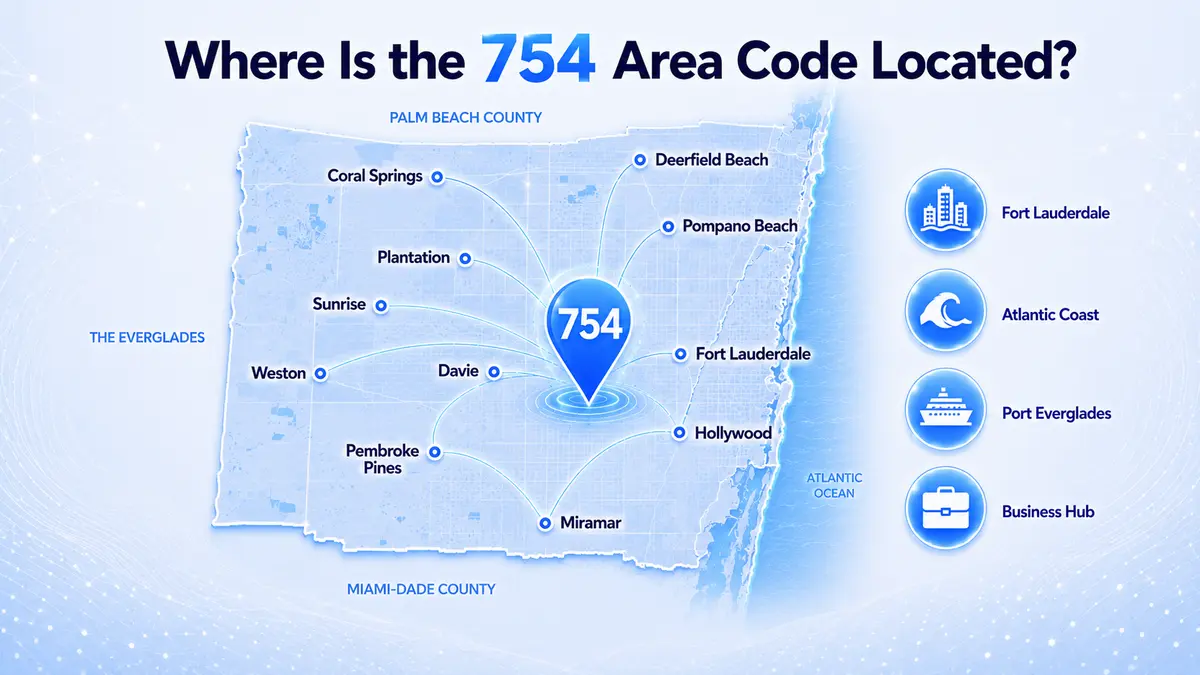 754 area code location map — Broward County Florida coverage including Fort Lauderdale, Hollywood, Pembroke Pines, Coral Springs, Pompano Beach, Miramar, Sunrise, and Plantation alongside the 954 overlay