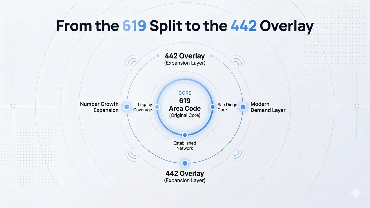 History timeline of the 760 area code — 1997 split from 619 and the 2009 442 overlay