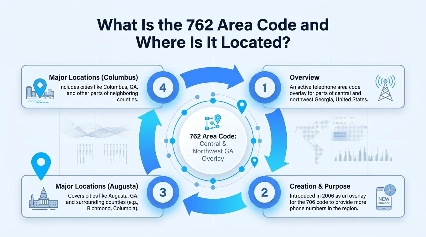 What is the 762 area code and where is it located — overlay infographic