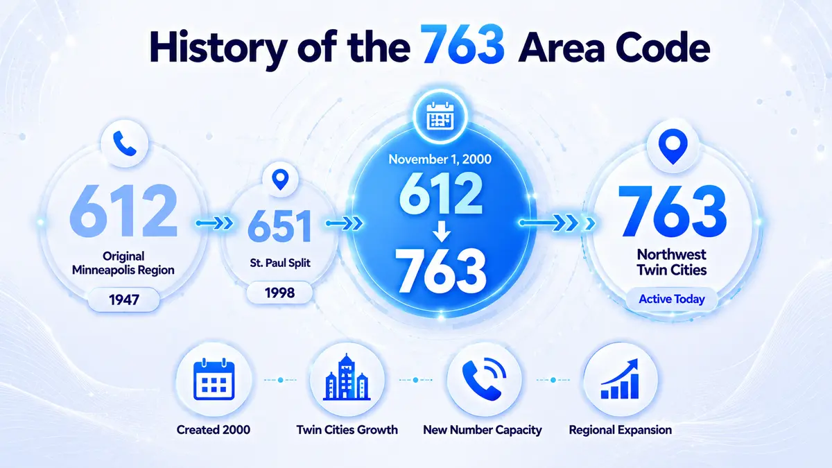 History of the 763 area code — from the original 612 Minnesota area code assigned in 1947 through the 2000 geographic split that created 763 for the northwestern Minneapolis suburbs