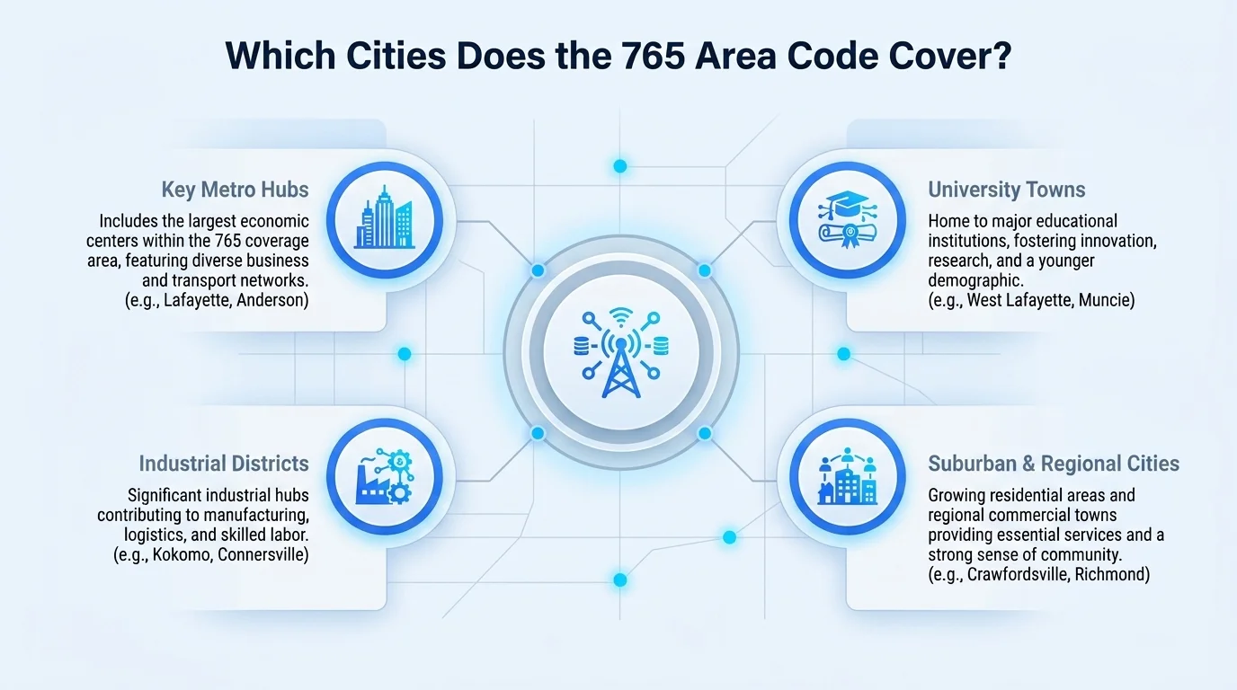 Which cities does the 765 area code cover — Lafayette, Muncie, Kokomo, Anderson, Richmond and more