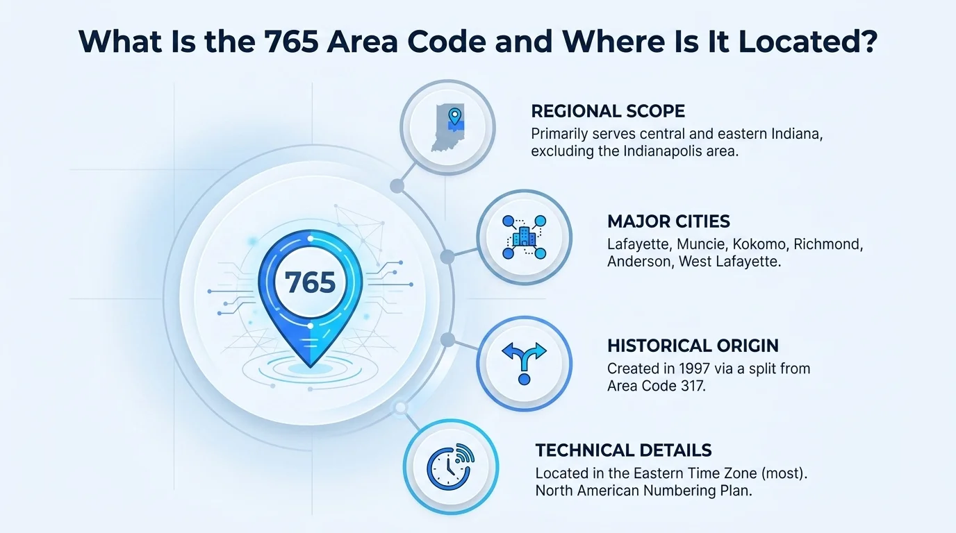 What is the 765 area code and where is it located — central Indiana coverage infographic