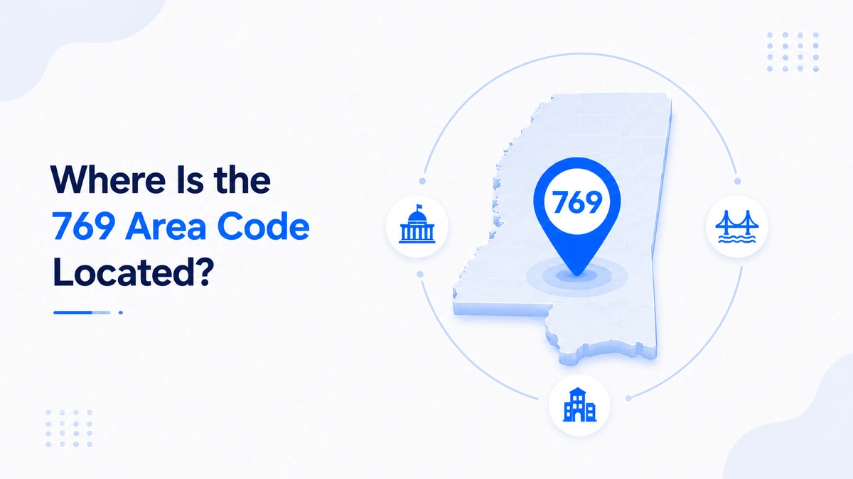 Where is the 769 area code located — Mississippi map with 769 pin showing central and southern Mississippi coverage including government capitol, river bridge, and urban community icons