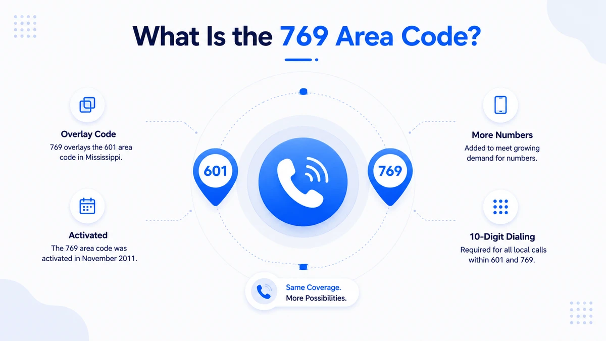 What is the 769 area code — overlay code diagram showing 769 overlaying 601 in Mississippi, activated November 2011, with same coverage and 10-digit dialing required for all local calls