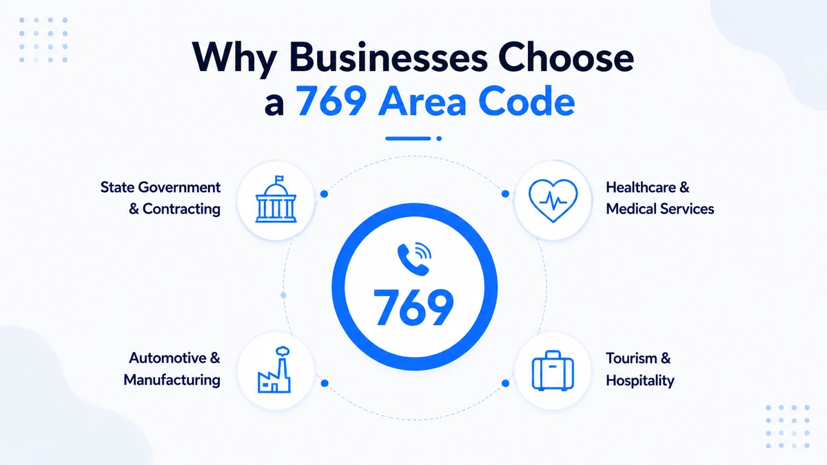 Why businesses choose a 769 area code — Mississippi 769 prefix with key sectors: state government and contracting, healthcare and medical services, automotive and manufacturing, and tourism and hospitality