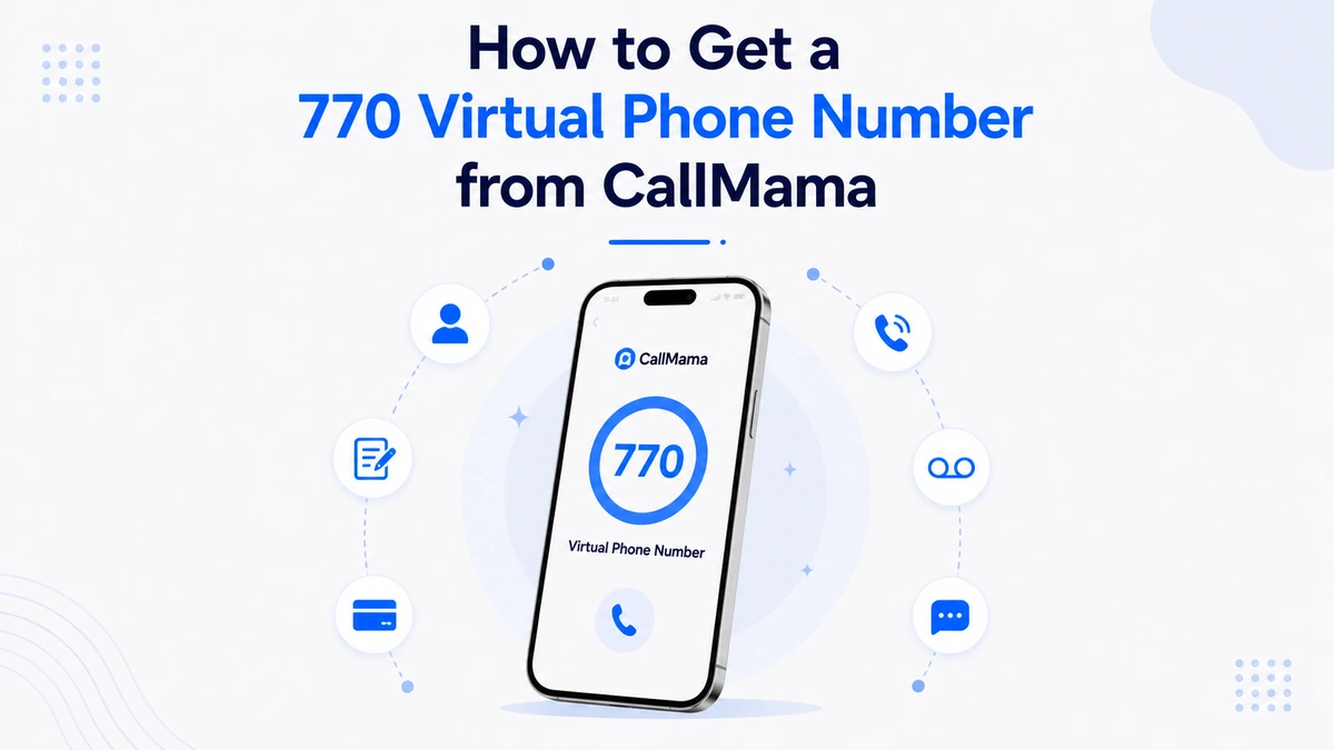 How to get a 770 virtual phone number from CallMama — CallMama app showing 770 virtual phone number with account creation, plan selection, call forwarding, voicemail, and SMS routing icons