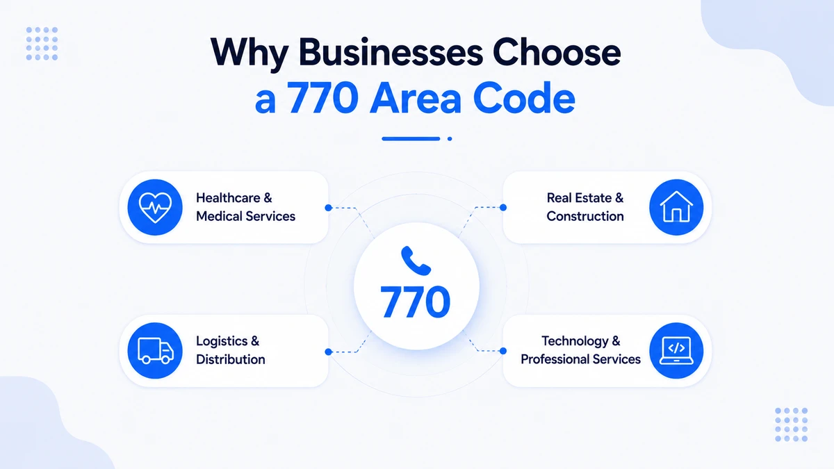 Why businesses choose a 770 area code — Atlanta suburban 770 prefix with key sectors: healthcare and medical services, real estate and construction, logistics and distribution, and technology and professional services